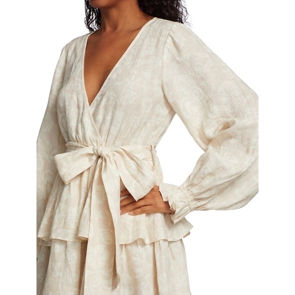 NWT RAMY BROOK Neutral Floral Linen Puff Long Sleeve Tiered Ruffle Mini Dress L - Picture 7 of 11